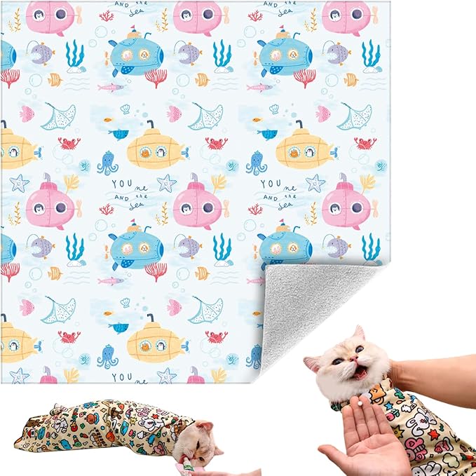 Cat Grooming Wrap, Self-Adherent Soft Cat Blanket to Wrap, Nail Clipping, Anti-Bite, Anti-Scratch, Anti-Escape Calming Wrap (Ocean, 10-13 lbs)