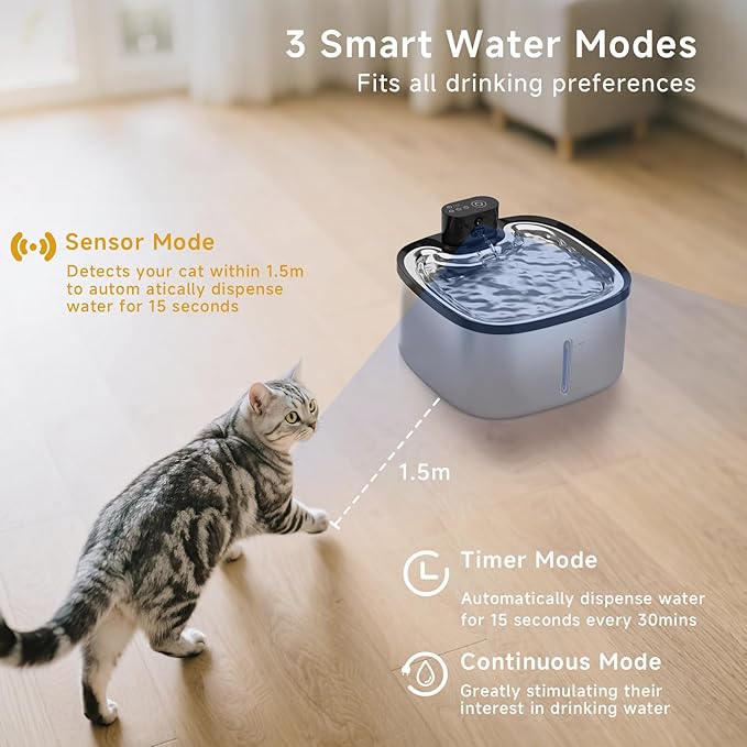 Cat Water Fountain Stainless Steel, 118oz/3.5L Cordless Automatic Pet Water Dispenser for Cats Indoor, with Motion Sensor, Ultra Quiet Pump, Rechargeable & Multi-Filtration (Silver)