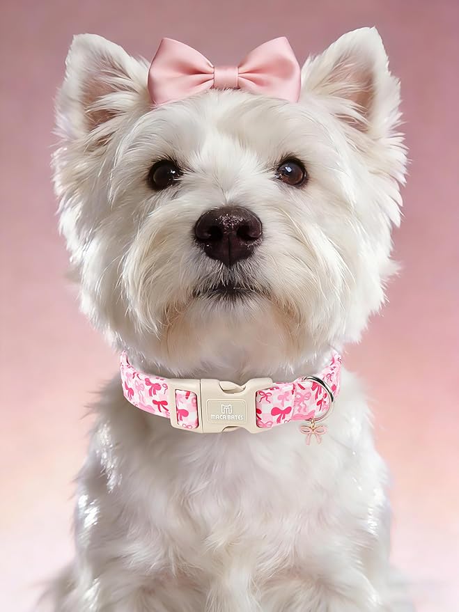 Maca Bates Pink Bow Basic Dog Collar with Cute Sailor Bowtie Charm for Extra Large Girl Dogs, Girly Bows Gingham Pattern,Feminine Style Adjustable Durable Soft Collars Birthday Gift for Female Puppy