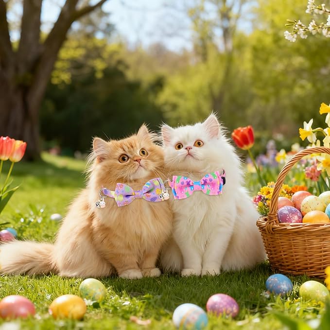 JarThenaAMCS 3 Pcs Easter Cat Collar with Breakaway Bell Bow Tie Rabbit Bunny Egg Adjustable Kitten Collars for Spring Girl Boy Cats Small Pet Party