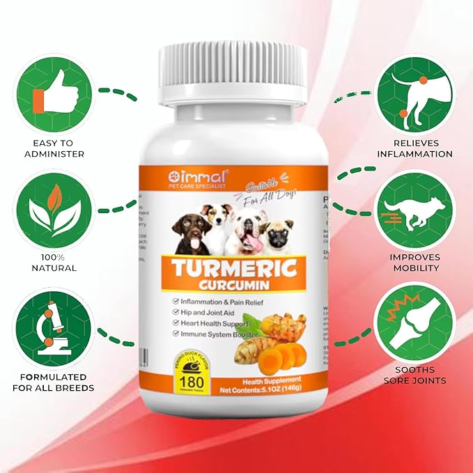 Turmeric for Dogs – 180 Count Tablet Treats with Curcumin & Piperine – Joint Health, Mobility, Allergy & Itch Relief, Skin & Coat, Hot Spots – Arthritis & Hip Joint Support with Salmon Oil