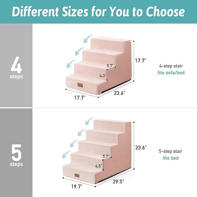 Dog Stairs for Small Dogs, 17.7" Extra Wide Right-Angle Pet Stairs for Couch and Beds, Anti-Slip Dog Steps for Old Cats and Lowrider, 17.7x23.6x17.7 inch, Pink