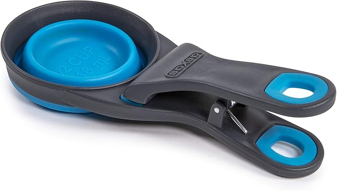 Dexas Pets Collapsible KlipScoop Collapsible Dry Dog Food Scoop and Dog Food Bag Clip, 1/2 Cup Capacity, Pro Blue