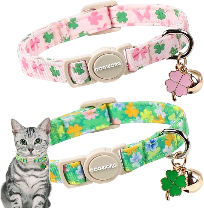 DOGWONG 2 Pack St Patricks Day Cat Collar Breakaway,Safety Adjustable Green Shamrock Cat Collars with Bell for Kitten