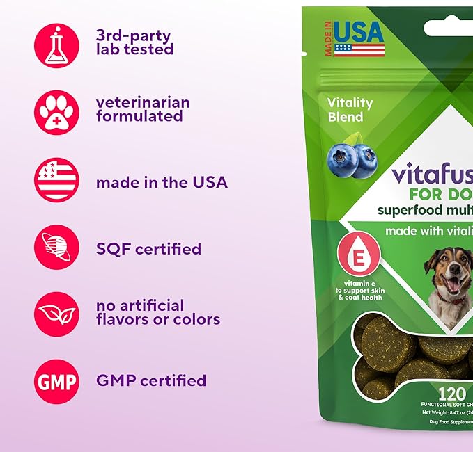 VitaFusion for Dogs Superfood Multivitamin – Daily Immune, Skin & Bone Support with Vitamins A, D & E + Antioxidant Superfoods – Vet Formulated Wellness for Puppies to Senior Dogs, 120 Chews.