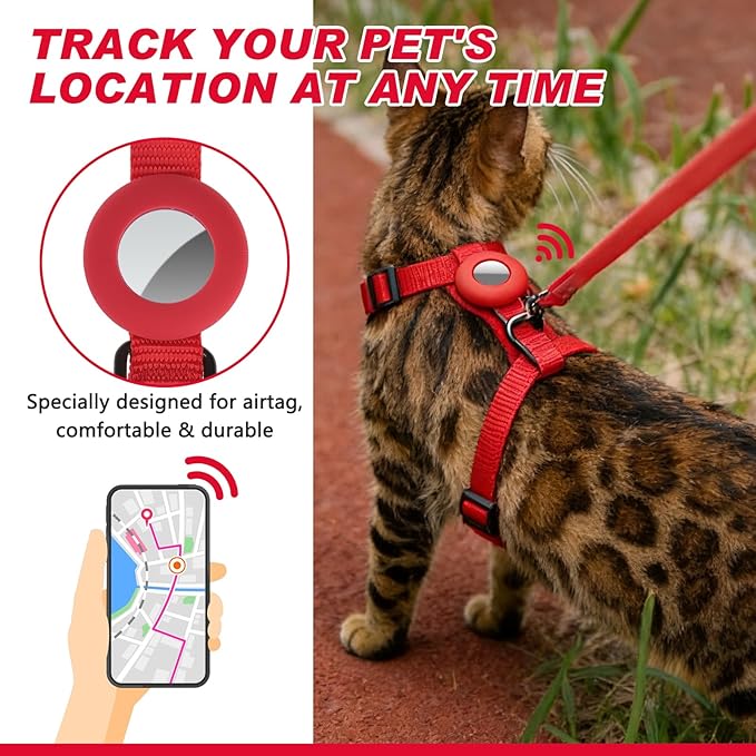 Cat Harness and Leash Set with Airtag Holder for Walking & Travelling, Escape Proof Cat Harness for Small Medium Large Kitten, Adjustable Lightweight Soft Cat Vests(Red)