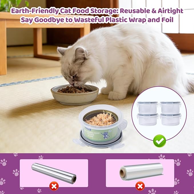 4Pack Cat Can Covers for 3 oz Canned Food Storage Container, Airtight Lock Pet Food Sealer Lids Transparent Kitten Can Box for 2.56''/65mm D and 85g Small Cans