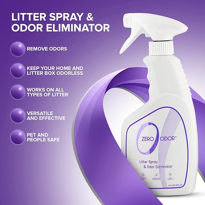 Zero Odor – Litter Odor Eliminator - Permanently Eliminate Litter Odors with Best Patented Molecular Technology - Pet Safe & Works on all types of litter, 16oz (Over 400 Sprays) (Pack of 2)