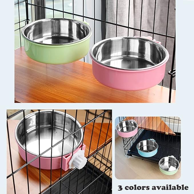 Love Dream Crate Dog Cat Bowls, Removable Stainless Steel Hanging Pet Cage Bowls Kennel, Food Water Feeder with Bolt for Puppy Rabbits Birds 2 Pack with Silicone Sponge Dish Brush