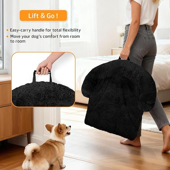 GGIB Calming Dog Bed Fluffy Plush Dog Mat for Furniture Protector with Removable Washable Cover for Large Medium Small Dogs and Cats (Small,Black)