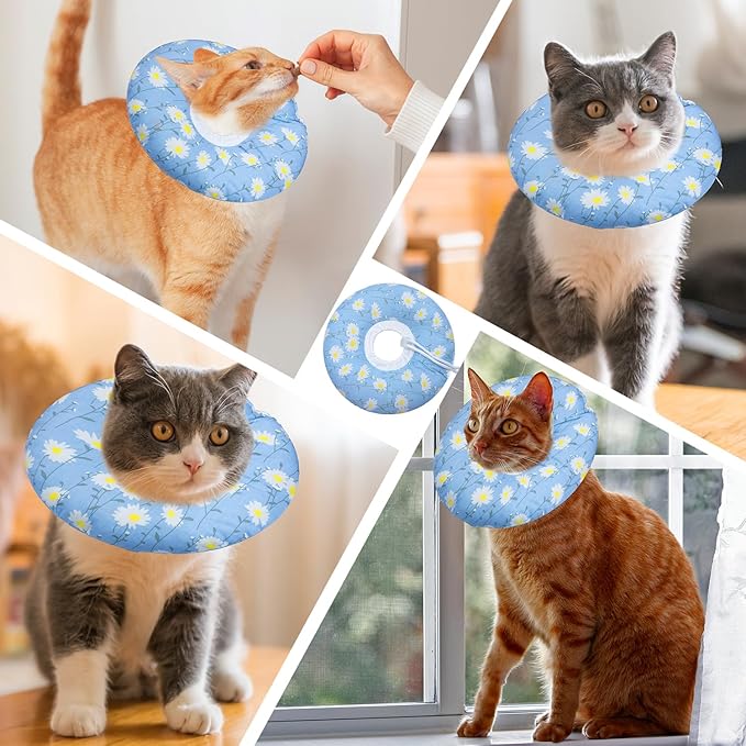 Seyezo Cat Cone Collar Soft, Adjustable Cat Recovery Collars Kitten Cones to Stop Licking, Cute Donut E Collar After Surgery, Anti-Lick Wound Healing Elizabethan Collar for Kitten(Blue Daisy, Medium)