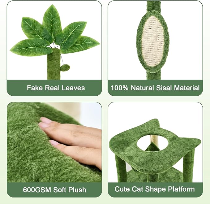 61-Inch Tall Cat Tree Tower with Scratching Post, Multi-Functional Cat Shaped Design Tower with Hammock, Scratcher, Pompoms, for Climbing, Lounging and Playing,Green