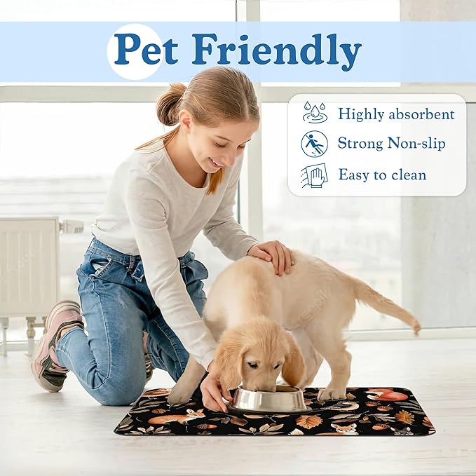 Wild Forest Animals Pet Feeding Mat–Christmas Stocking Quick Dry Absorbent Dog Cat Food Mat, Non Slip Waterproof Bowl Placemat for Messy Eaters, Pet Accessories for Floors 12"x20"