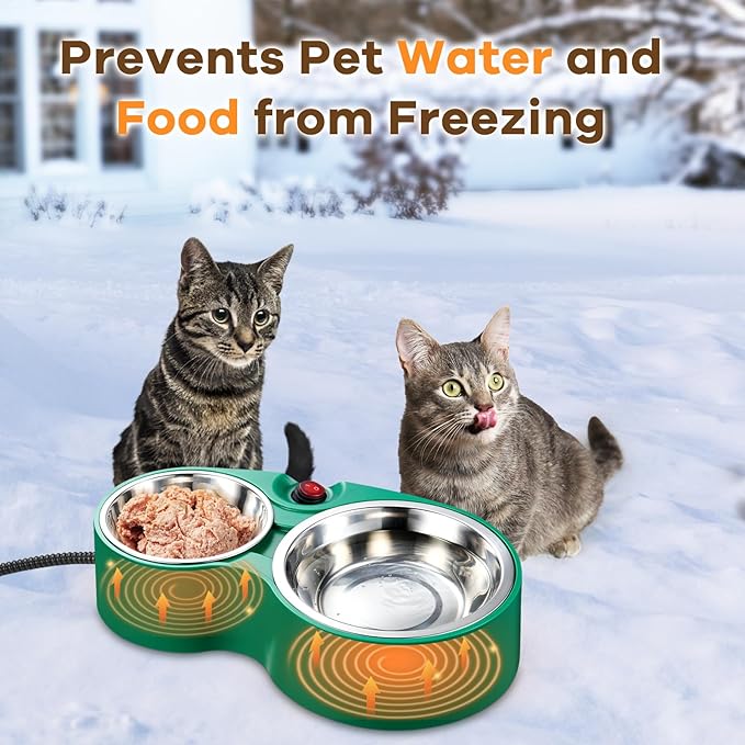 Heated Cat Bowl with Soft Indicator Light – Double Removable Stainless Steel Bowls, Freeze-Proof Water & Food, Overheat Protected, Chew-Resistant Cord, UL Listed