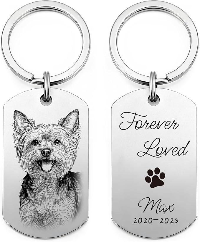 Custom Dog or Cat Portrait Keychain, Personalized Photo Engraved Keychains with Name, Customized Pet Memorial Gifts for Loss of Pets (Dog Tag – Memorial Style)