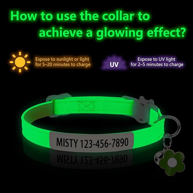 Personalised Glow in the Dark Cat Collar with Bell Flower Decoration, Custom UV-Printed Name & Phone Number, Luminous Adjustable Cat Collar Breakaway (Fluorescent Glow)