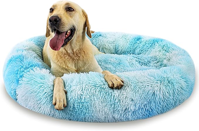 Calming Dog Bed for Big Dogs, 39'' Round Anti-Anxiety Warm Fluffy Plush Faux Fur Bed, Soft Anti-Slip Donut Washable Big Pet Bed, Cozy Big Dogs Bed, Fits up to 100 lbs Pets