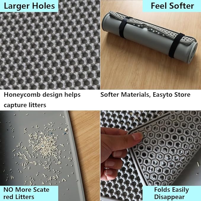 Cat Litter Mat Double Layer, Kitty Litter Box Mat Small Waterproof Urine Proof Trapping, Easy Clean, Silicone Cat Supplies & Accessories for Indoor Pets (Grey, 19.68x14.96x0.39 in)
