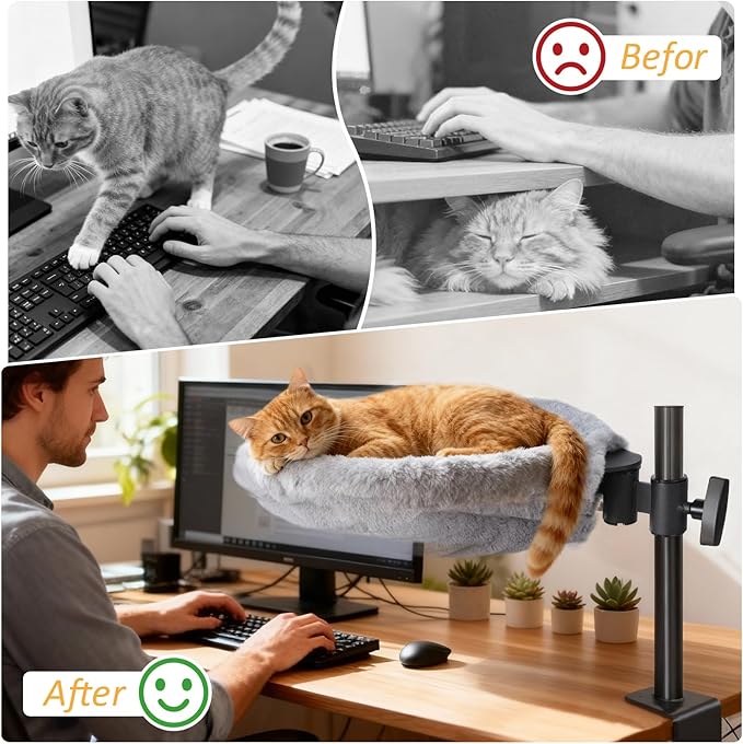 Topmart Cat Desk Bed with 360° Rotating & Adjustable Height, Cat Hammock for Desk with 2 Washable Pads, Easy to Install, Kittens Bed for Desk Attachment for Home Office,Up to 45LBS, Grey & Black
