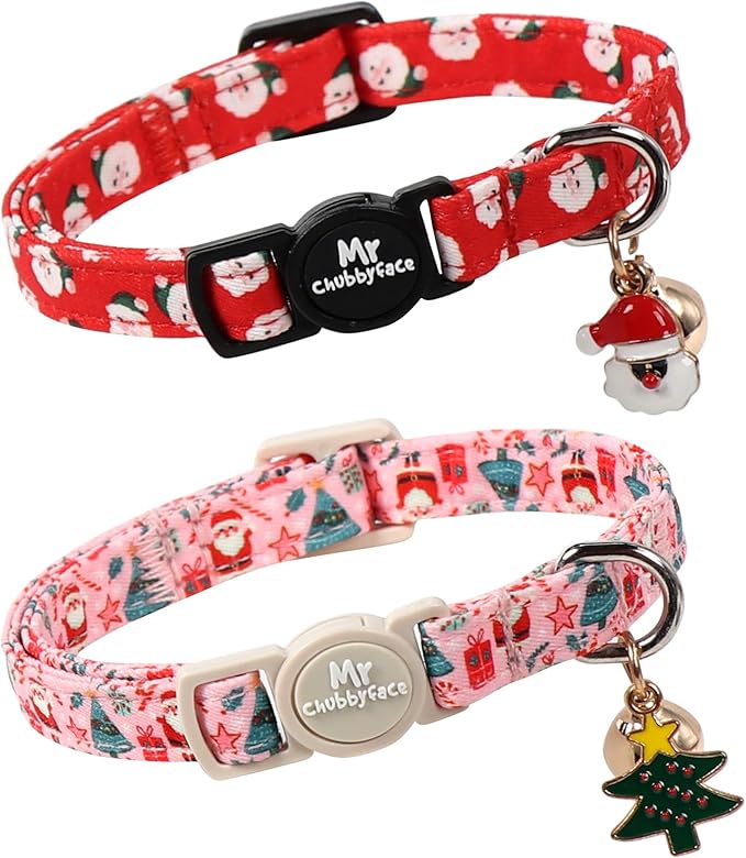 Christmas Cat Collar, 2 Pack Cute Breakaway Kitty Collar with Bell&Pendent, Soft Adjustable Christmas Pink and Red Santa Collar for Girl Boy Cats