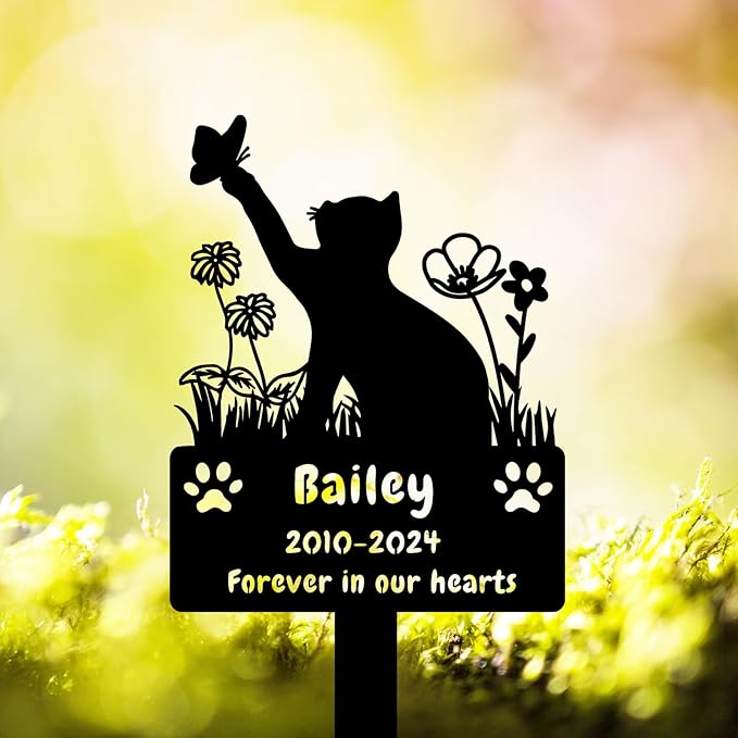 Custom Cat Grave Marker Cat Burial Stake, Personalized Butterfly Flowers Cat Memorial Garden Stake, Metal Cat Memorial Plaque for Outdoors, Customized Pet Headstone