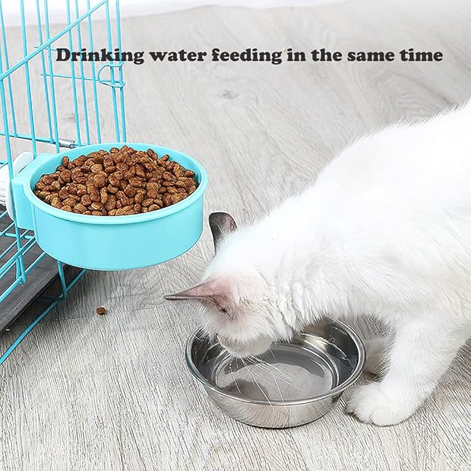 Love Dream Crate Dog Cat Bowls, Removable Stainless Steel Hanging Pet Cage Bowls for Kennel, Water Food Feeder Cage Coop Cup for Cats, Dogs, Rabbits and Small Animals (Small, Blue)