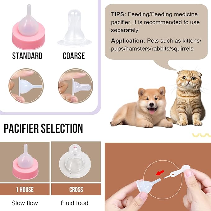Puppy Kitten Nursing Bottle 2oz- Small Animal Feeding Kit with Nipples | Hand Feeding Supplies for Puppies, Kittens, Rabbits, Ferrets & Newborn Pets