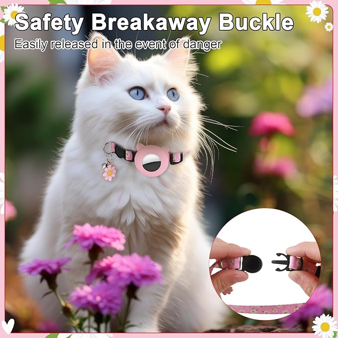 3 Pack Airtag Cat Collar Breakaway Floral Cat Collars with Air Tag Holder, Bells and Flower Charm Adjustable Safety Kitten Collars for Girl Boy Cats