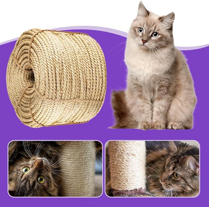 Natural Sisal Rope for Cat Scratcher Replacement, Durable Cat Tree Post Repair Cord for DIY Projects, Climbing Towers, Furniture Protection, Scratch Pad, Crafts, Garden, and Home Décor Use