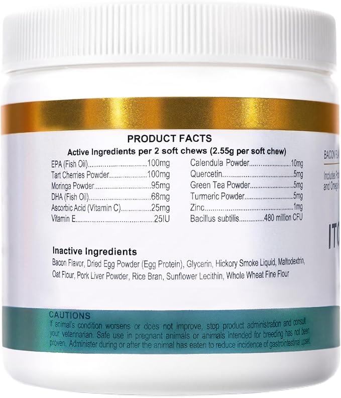 PetScy Itch & Allergy Plus Chews for Dogs Itchy Skin, Ears & Paws | Probiotics, Moringa & Turmeric | Dog Allergy Relief for Skin Redness, Hair Loss Gut & Digestive Health - Bacon Flavor - 60 Chews