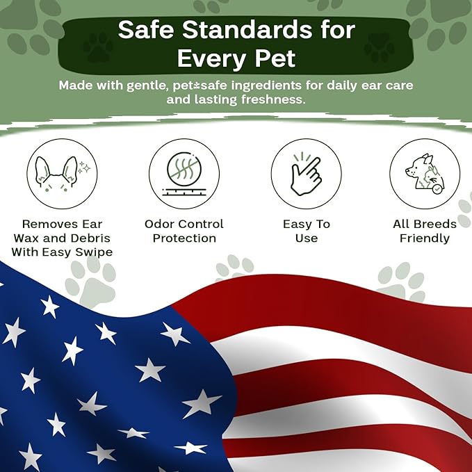Dog Ear Wipes & Cat Ear Cleaner – Ear Wipes for Dogs, Cat Ear Wipes, Gentle Dog Ear Cleaning Wipes Remove Wax, Dirt & Odor, No-Rinse Ear Care (Unscented)