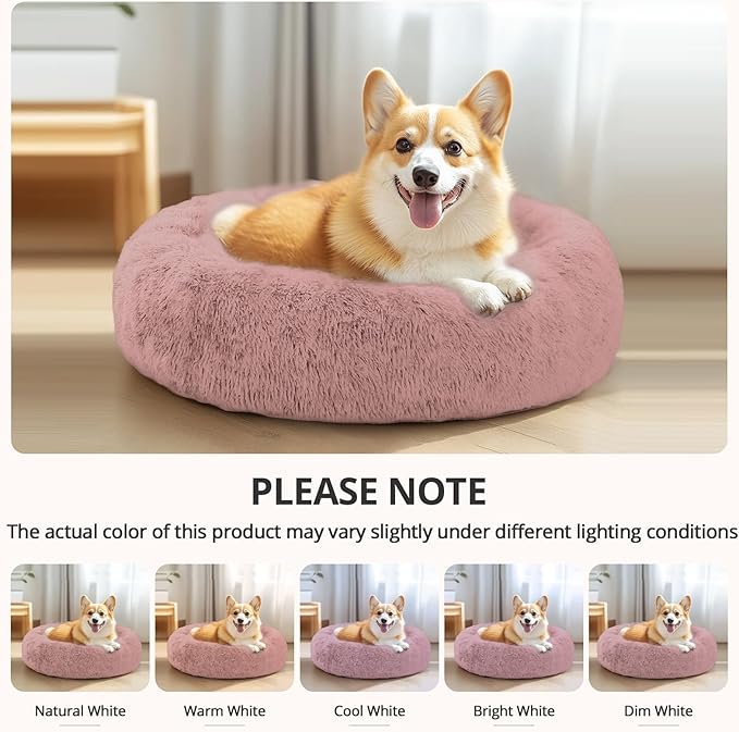 JOLLYVOGUE Calming Dog Bed Large Size Dog, Anti-Anxiety Donut Large Pet Bed, 36 inches Fluffy Faux Fur Round Cat Bed, Fits up to 75 lbs Pets (Dark Pink)