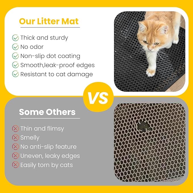 Cat Litter Mat Litter Box Mat, EVA Honeycomb Double Layer Design, Urine & Waterproof, Scatter Control Kitty Litter Mat, Less Waste, Easier To Clean,Washable, Black
