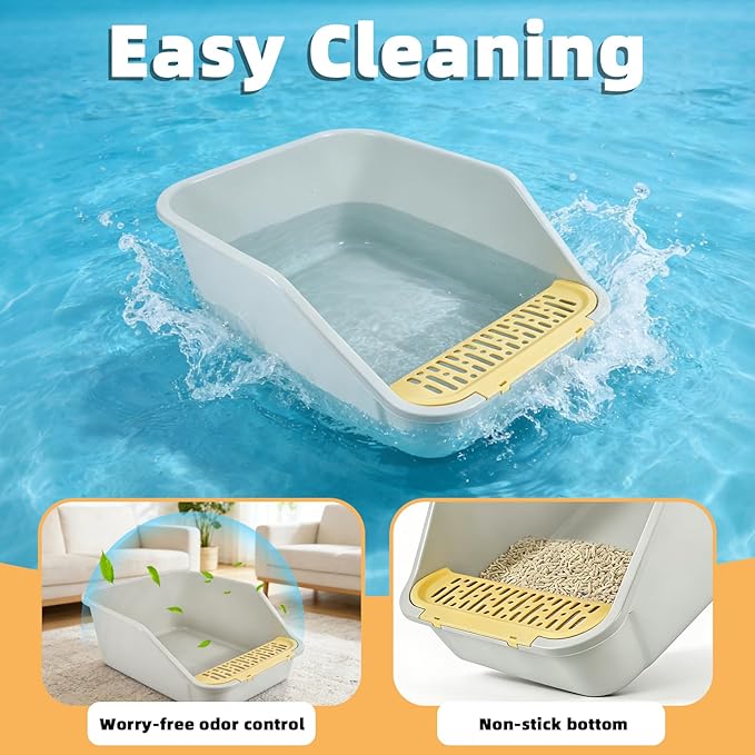 Large Cat Litter Box with High Sides,Cat Litter Pan for Indoor Big Cats,Open Top High Wall Kitty Litter Box with Low Entry for Kitten & Senior Cat,Easy to Clean,Anti-Splashing (Grey)