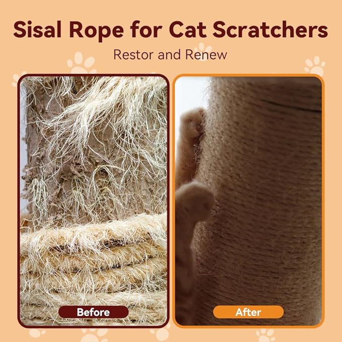 Natural Sisal Rope for Cat Scratcher Replacement, Durable Cat Tree Post Repair Cord for DIY Projects, Climbing Towers, Furniture Protection, Scratch Pad, Crafts, Garden, and Home Décor Use