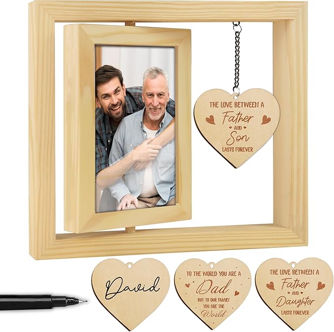 Father's Day Gift Rotating Picture Frame, Dad Frame Fits 4x6 Photo, To the World You Are a Dad Wooden Keepsake Ideas Birthday Gift for Father Stepdad from Daughter Son Tabletop Display HR-DAD-N