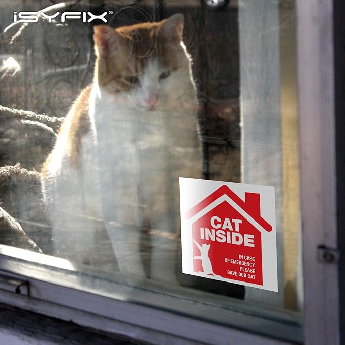 iSYFIX Cat Inside Alert Signs Stickers - 4 Pack 5x5 Inch - Premium Self-Adhesive Vinyl, Laminated for Ultimate UV, Weather, Scratch, Water and Fade Resistance, Indoor and Outdoor Red