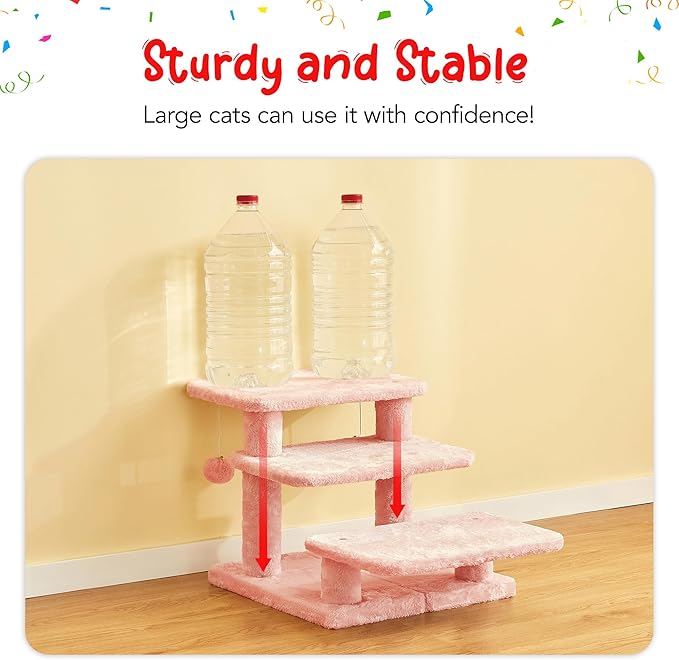 15''H Multi-Step Pet Stairs for High Beds & Sofas, 3-Step Cat Stairs with 2 Toy Balls, Wide Boards for Indoor Kittens Dogs Pets Climbing, Pink