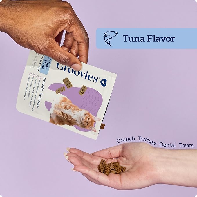 Groovies Cat Daily Dental Treats. Tasty, Crunchy Bites Cats Love. Tuna Flavor. Powered by USA-Patented DentalFit Technology. No Added Gluten, No Artificial Flavors or Colors. 1.76oz (115 Treats)
