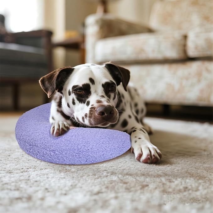 Lystaii Cat Calming Pillow for Indoor Pet Small Dog Calming Pillow Soft Fluffy Cat Bed Dog Neck Toy Half Donut Anxiety Relief Toy with Cute Embroidery Pattern (Purple, Peaches)
