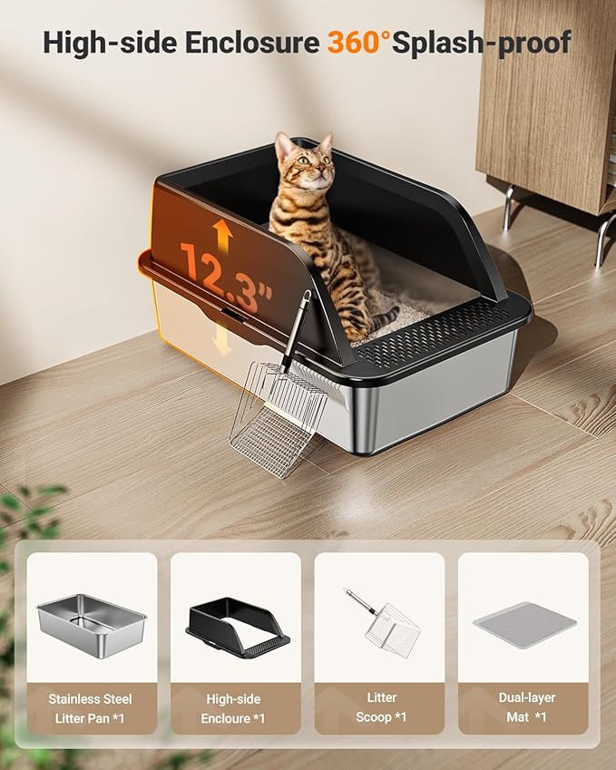 XL Stainless Steel Litter Box, Extra Large Metal Cat Litter Box with High Sided for Big Cats, Enclosed Litter Boxed with Lid, Easy-Clean Cat Litter Mat & Scoop Kit, Anti-Urine Leakage (Black)