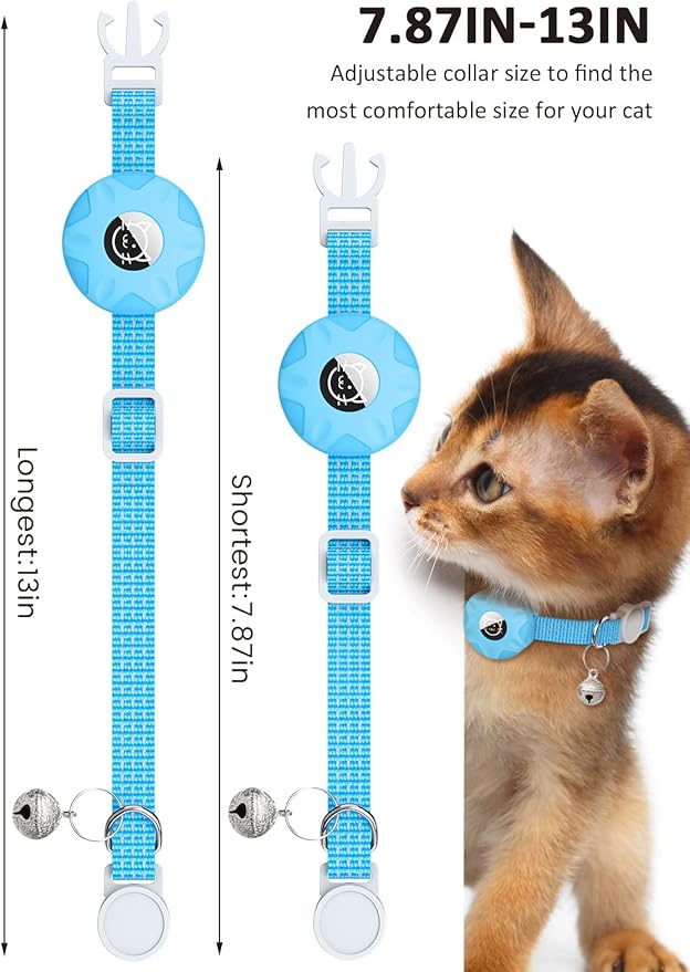 AirTag Cat Collar, Reflective Kitten Collar with Breakaway Apple AirTag Holder and Bell, Lightweight GPS Tracker Collar for Cats and Puppies (Luminous Blue)