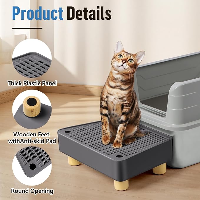 Extra Large Cat Litter Box Step Ramp, Cat's Litter Catcher Mat with Wooden Feet, Filter Function, Pedal Stool for Self-Cleaning Cat Litter Box, Ideal for Kitten & Elderly Cats (Dark Grey)