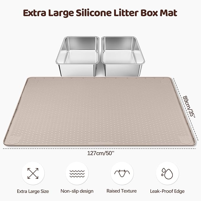 Cat Litter Mat, XXL Extra Large 50" x 35" Silicone Mat Litter Trapping Mat for Scatter Control, Soft on Kitty Paws, Easy to Clean (Khaki)