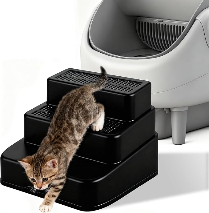 Adjustable 3 Steps Cat Litter Box Ramp with Detachable Litter Trapper, Non-Slip Anti-Tracking Easy Clean Cat Steps for Small & Elderly Cats, Fits Automatic Litter Boxes (Black)