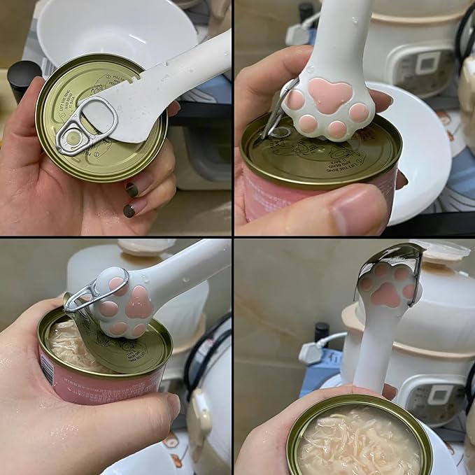 SJANE Cat Food Can Spoons & Can Lids | 4 Pcs | Multi-function Opener | Silicone Pet Food Covers | Cute Paw Shape Wet Food Spoon for Cats and Dogs(Pink+Grey)