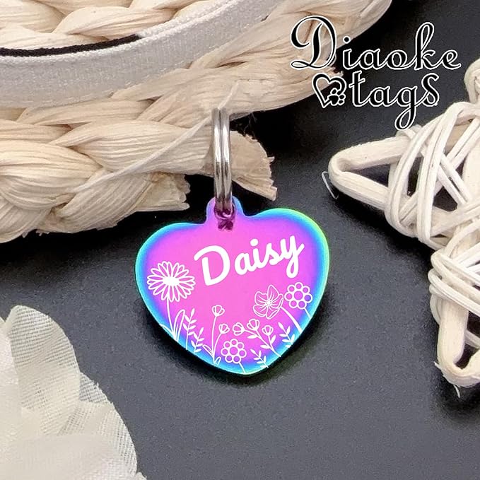 Personalized Dog Tags, Stainless Steel Pet Tags Personalized Cat, Collar Charm Engraved on Both Sides, up to 4 Lines of Custom Text, Multiple Patterns Colors Size Options (Daisy, Large)