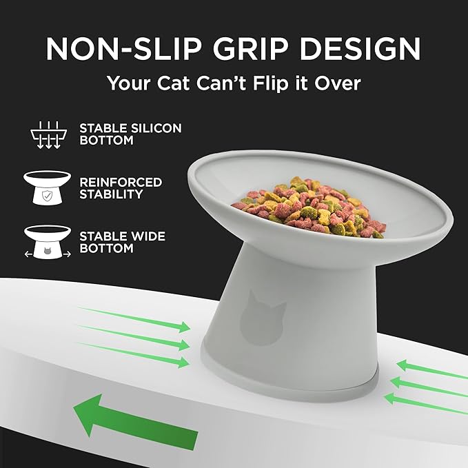 Necoichi 2pcs Extra Wide Elevated Cat Food Bowls – BPA-Free Plastic Raised Bowls to Reduce Whisker & Neck Fatigue – Dishwasher & Microwave Safe – Non-Slip, Anti-Vomiting Ergonomic Design (Urban Fog)
