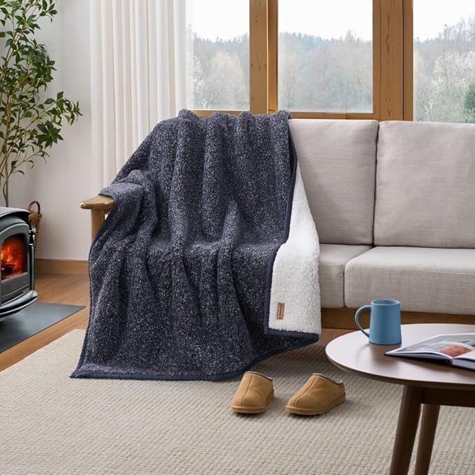 BEARPAW Sherpa Throw Blanket - Ultra Soft Plush Warm Reversible Fluffy Blanket for Bed Couch Sofa & Living Room Decor, House Decor, Room Decor Gifts for Women - 50"x70", Gray (Valley) (Blue)