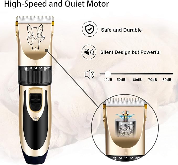 Dog Grooming Kit Clippers, Low Noise, Electric Quiet, Rechargeable, Cordless, Pet Hair Thick Coats Clippers Trimmers Set, Suitable for Dogs, Cats, and Other Pets (Gold)